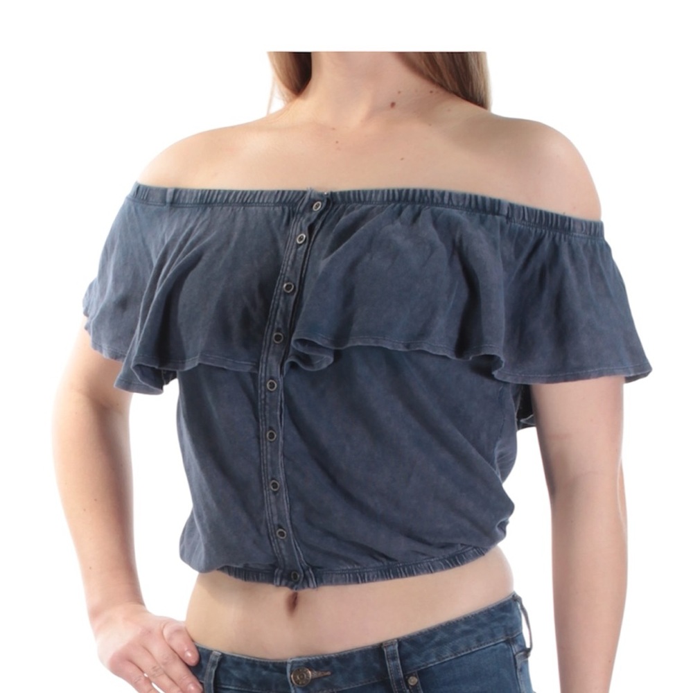 Urban Outfitters We The Free Bardot Ruffle Top in faded blue denim color Size L